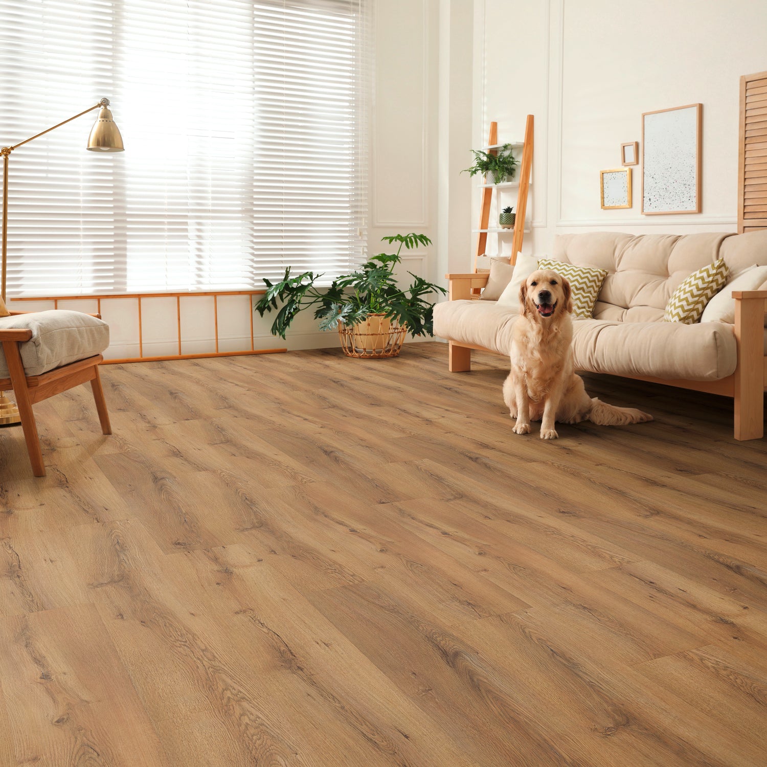 Klick-Vinylboden braun Natur und Hund im modernen Wohnzimmer