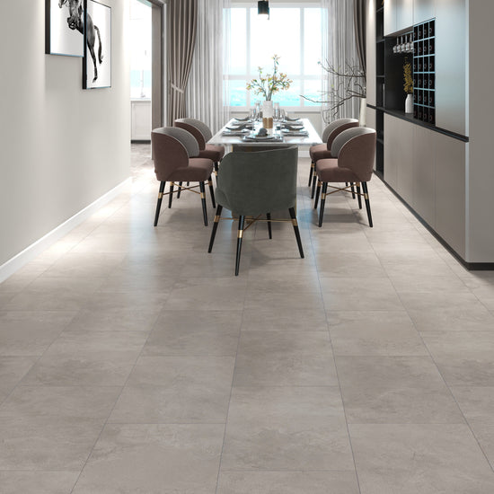 Klick-Vinyl sandfarbig in Fliesenoptik