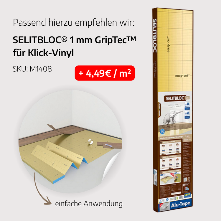 SELITBLOC GripTec 1 mm Unterlage für Klick-Vinyl – einfache Verlegung dank selbsthaftender Dämmunterlage, ideal als Trittschalldämmung