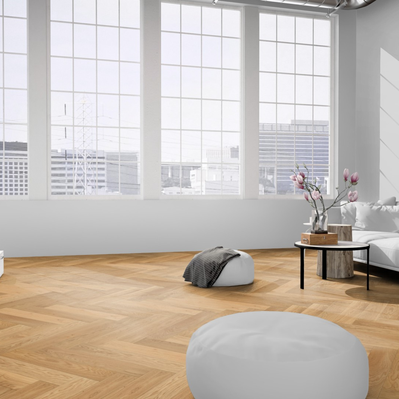 Fertigparkett mit hellbrauner Fischgrät Optik im Wohnzimmer