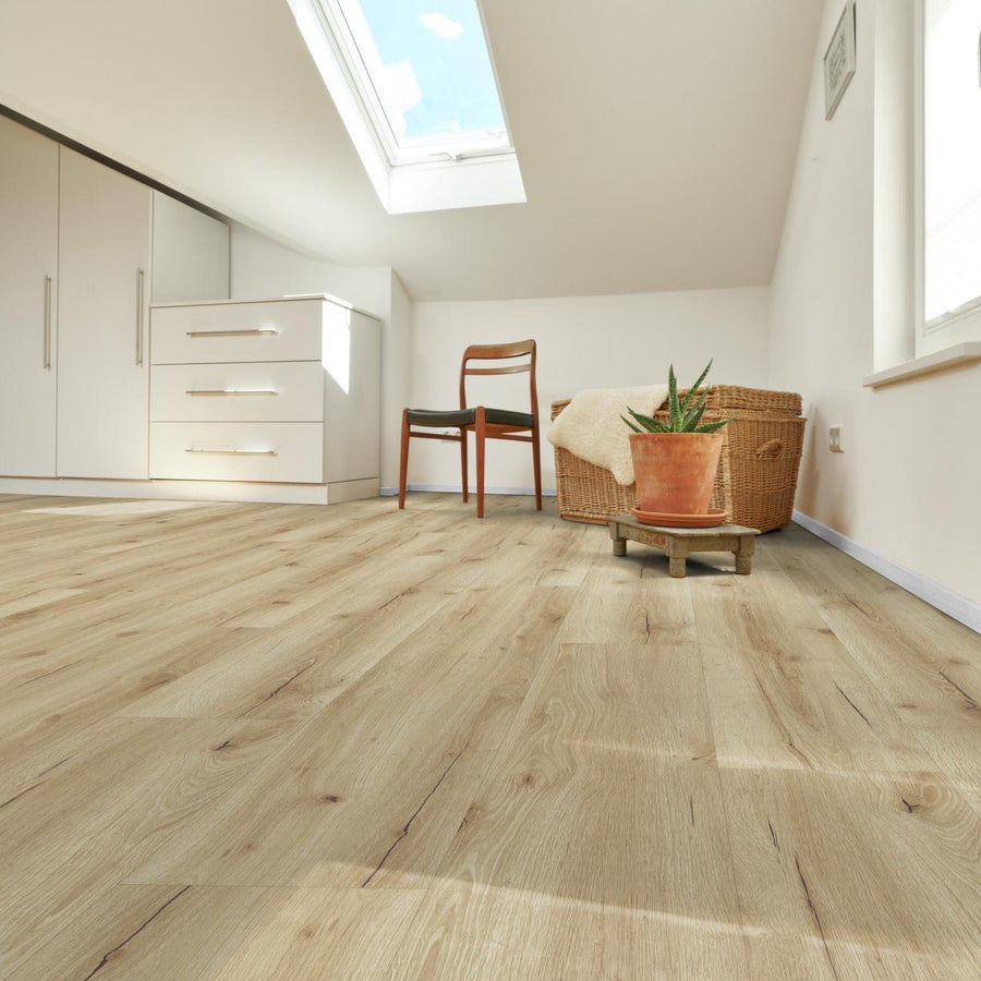 Klick-Vinyl in beige hellbraun mit Holzoptik im Schlafzimmer