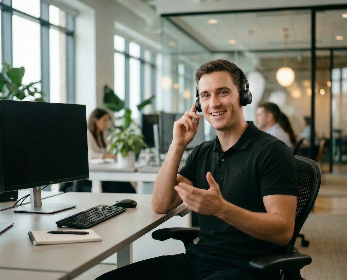Ein Bodenberater der über ein Headset mit einem Kunden telefoniert und diesen berät.