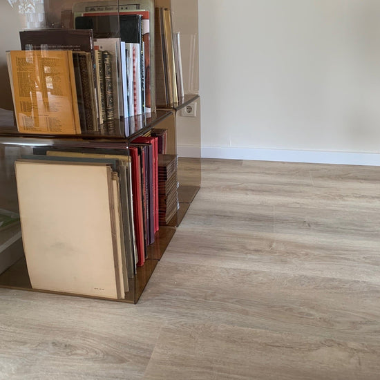 Wohnraum mit Klebevinyl Eiche Mirandus in heller Holzoptik und transparentem Bücherregal – natürlicher Vinylboden vom Laminat Fachhandel Laminatshop24.